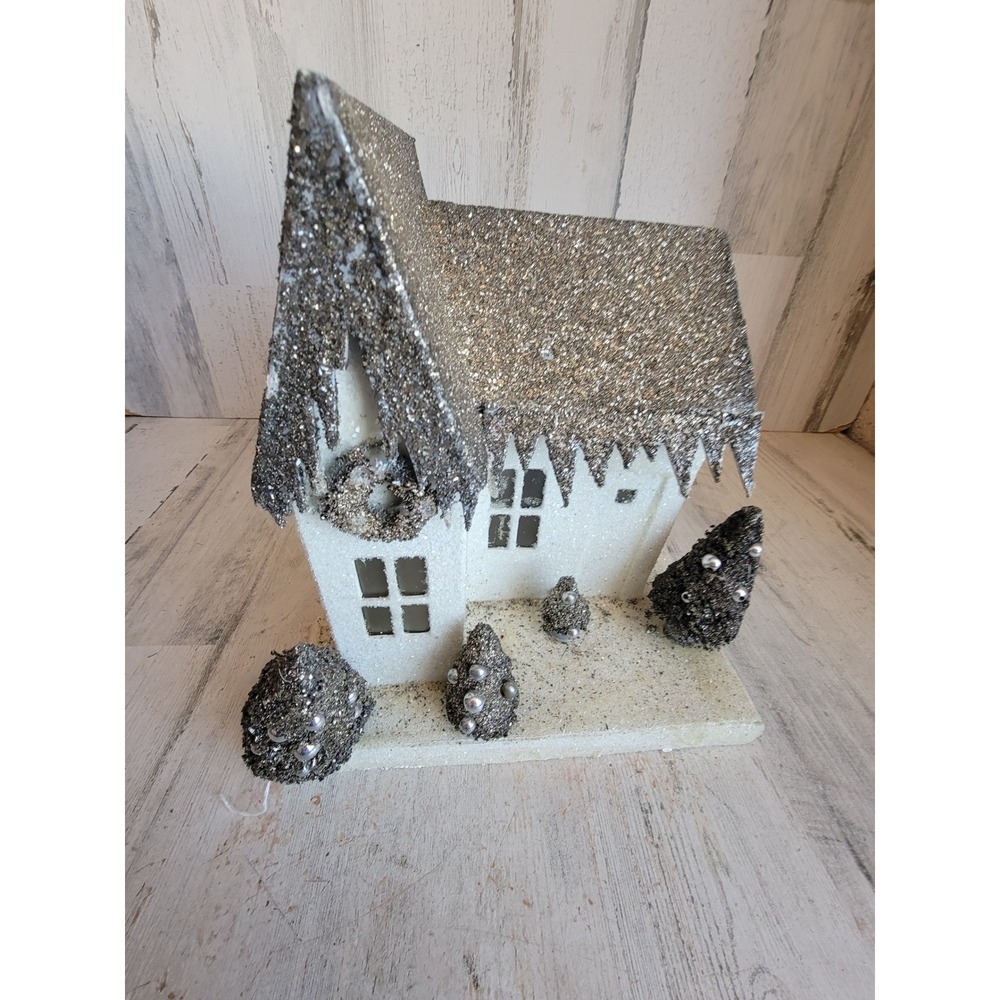 KD vintage cardboard gray village glitter light up Xmas house bristle brush tree